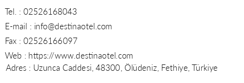 Destina Otel telefon numaralar, faks, e-mail, posta adresi ve iletiim bilgileri